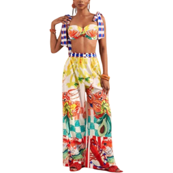 Shein Zivah Beach New Spring And Summer Casual Holiday Bowknot Shoulder Straps Chest-Wrapped Heart Collar Cropped Top + Wide-Leg Super Trousers Full Of Underwater World Colorful Print Women's Two-Piece Set
