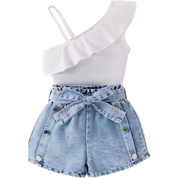 Shein Girls Cute And Playful Irregular Top Denim Shorts pcs Casual Childrens Outfit