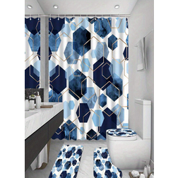 Shein 1/3/4pcs Blue Shower Curtain Set Modern Art Geometric Bathroom Set Navy Blue Bathroom Curtain Set With 12 Hooks Bathroom Rug Bathroom Mat And Toilet Rug Home Bathroom Decor Summer