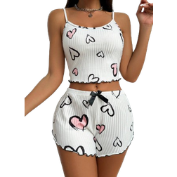 Shein Bowknot Decorated Heart Printed Cami Shorts Home Clothes White Set