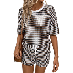 Shein Luneh Women Color Blocking Striped Short Sleeve Shorts Two Piece Set For Vacation And Leisure