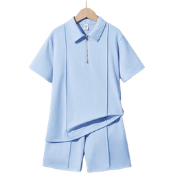 Shein Tween Boy Loose Fit Casual Solid Color Knitted Short Sleeve Polo Shirt And Shorts pcsSet