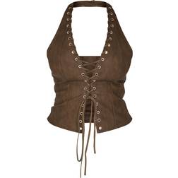 PrettyLittleThing Shape Faux Leather Halter Neck Lace Up Corset - Olive Washed