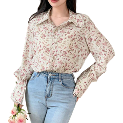 Shein DAZY Ladies Fashionable And Elegant Ditsy Floral Long-Sleeved Versatile Shirt Summer,Ruffle