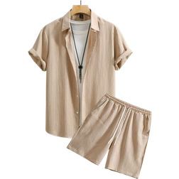 Shein Herr sommar enfrgad kortrmad skjorta och dragsko midjan Casual Set