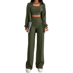 Shein Women's Spring/Summer Solid Color Drop-Shoulder Long Sleeve Shirt, Cropped Vest And Pants Casual Outfits 3pcs/Set
