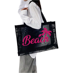Shein Breathable Beach Mesh Tote Bag, Coconut Tree Letter Print, Large Capacity Casual Tote Bag Women Foldable Shoulder Handbag For Beach Picnic Vacation, Waterproof Multi-Purpose For Teen Girls Women College Students Perfect For School,Work,College,Outdoors, Grocery, Travel, Outings,Shoulder Handbag For Beach Picnic Vacation