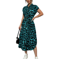 Shein Chiquease Women's Casual Vacation Travel Leopard Print Front Button Shirt Belt Bow Pocket Side Slits 2025 Summer New Short Sleeve Long Dress