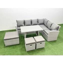 Fimous 9 Seater Garden Outdoor Rattan Furniture with 3 Footstools Light Grey Mixed Patio Dining Set