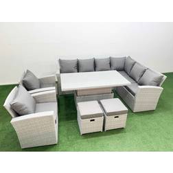 Fimous 10 Seat Rattan Garden Furniture Corner Sofa with 2 Small Stools - Light Grey Outdoor Lounge Set