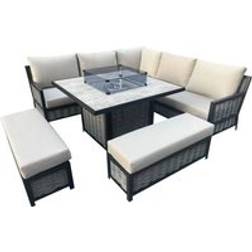 Furnishings For Less UK Garden Wooden Rattan Beige L Shaped Sofa Fire Pit Table One Size Patio Dining Set