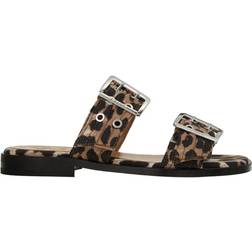 Ganni Buckle Two Strap Sandal - Denim Print Leopard