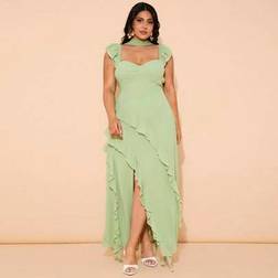 Shein Plus Size Women Long High Slit Ruffled Hem Dress - Green