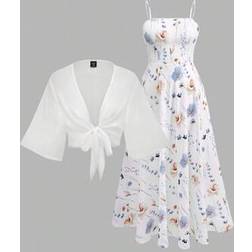 Shein Franclia Plus Size Women Floral Chiffon Dress And Elegant Two Pieces Set - Summer
