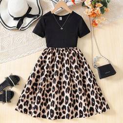 Shein Tween Girls Black Knitted Leopard Print Patchwork Short Sleeve Dress - Black