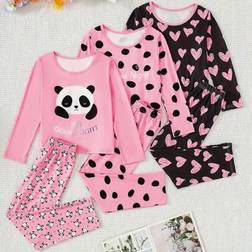 Shein Tween Girl 3 Piece Set Casual Pajamas - Cute Panda Heart Print