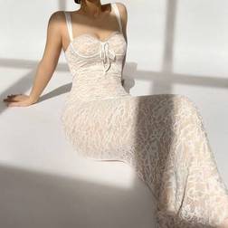 Shein Elegant And Sexy Heart Shape Solid Color Lace Bodycon Maxi Dress - White