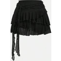 Shein Teen Girls Ruffle Trim Low Rise Y2K Mini Black Skirt - Black/Multi