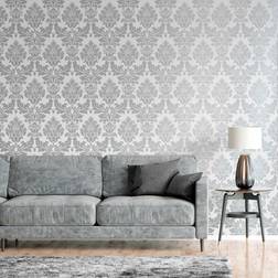 Sophie Laurence Silver Grey Damask Wallpaper Floral Feature Vintage Retro Metallic Smooth Finish