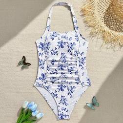 Shein Teen Girls Blue Floral Print One-Piece Swimsuit Sets - Blue Floral