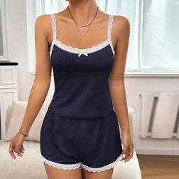 Shein Teen Girl Minimalist Elegant Lace Trim Bow Decor Camisole And Shorts Two-Piece Pajama Set - Summer Loungewear