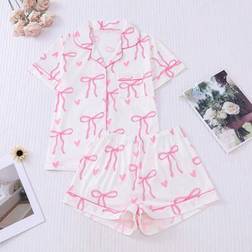 Shein Bow Print Casual Wear Pajama Set - Women
