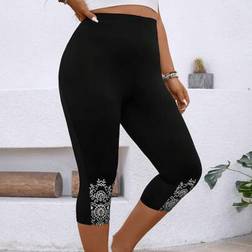 Shein Plus Size Women Floral Print Elastic Waist Casual Cropped Leggings