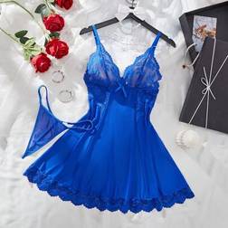 Shein Women's Solid Color Mesh Contrast Lace See-Through Sexy Camisole - Nightgown