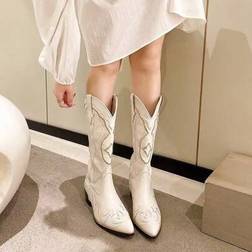 Shein Women's Western Style Mid-Calf Boots With V-Cut - White Embroidery