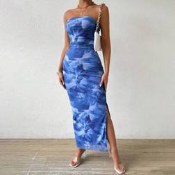 Rafferiza Women's Plant Print Side Slit Slimming Mesh Strapless Dress Maxi Women Outfit