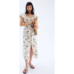 H&M Popelinekleid Mit Puffärmeln - Weiß/Schwarz Floral