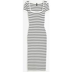 H&M Midikleid Aus Rippstrick - Cremefarben/Gestreift