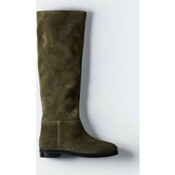H&M Knee-High Suede Boots - Dark Khaki Green
