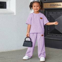 Shein Young Girl Casual Loose Dropped Shoulder Patched Mid-Sleeve Sweatshirt And Pleated Sweatpants - 2 Pieces