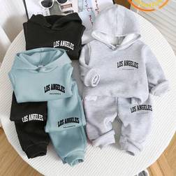 Shein Baby Boy Girl Cute Fashion Letter Print Hoodies & Pants Sets - Black/Blue/Grey