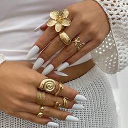 Shein Tropical Ocean-Inspired Gold Metal Starfish Flower Water Drop Ring Set - 8pcs