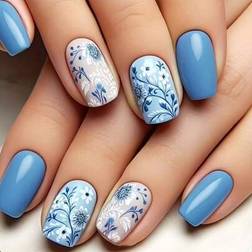 Shein Set Of Medium Square Press-On Nails - Blue Floral