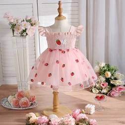 Shein Baby Girls Summer Sweet Strawberry Embroidered Cap Sleeve Mesh Dress - Strawberry