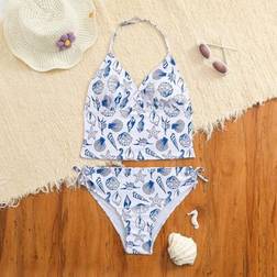Shein Teen Girl V-Neck Marine Life Print Tankini Bathing Suit - Blue/White