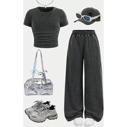 Shein Tween Girls Fitted Short Sleeve Crew Neck T-Shirt And Relaxed Wide Leg Knit Pants Set