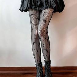 Shein Women's Black Personality Star & Moon Pattern Mesh Tights - Black