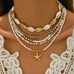 Shein Boho Style Random Color Glass Beads Shell Star Pendant Layered Necklace Set - 5pcs
