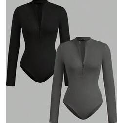 Shein 2pcs Women's Zip-Up Mock Neck Bodysuit Set - Casual Long Sleeve