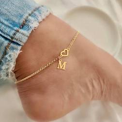 Shein Fashion Heart Initial Chain Anklets - Gold