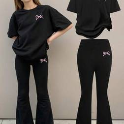 Shein Tween Girls Casual Minimalist Bow Detail Loose Fit Short Sleeve T-Shirt & Flare Leg Pants Set - Summer