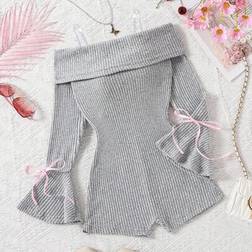 Shein Tween Girl Bell Sleeve Bow Decor Fitted Jumpsuit - Grey