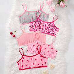 Shein Tween Girl Cute Simple Leopard Print & Heart Print Soft Skin Friendly Underwear Set - 5pcs