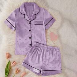 Shein Girls Plus Big Size Satin Heart Pattern Snap Front Short Sleeve Shorts Sleepwear Set