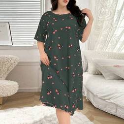 Shein Plus Size Cherry Print Round Neck Short Sleeve - Nightgown