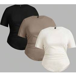 Shein Plus Size Women's Spring And Summer Fashion Casual Comfortable Basic Daily Short-Sleeved Slim Multi-Color Bodysuit - 3 Packs